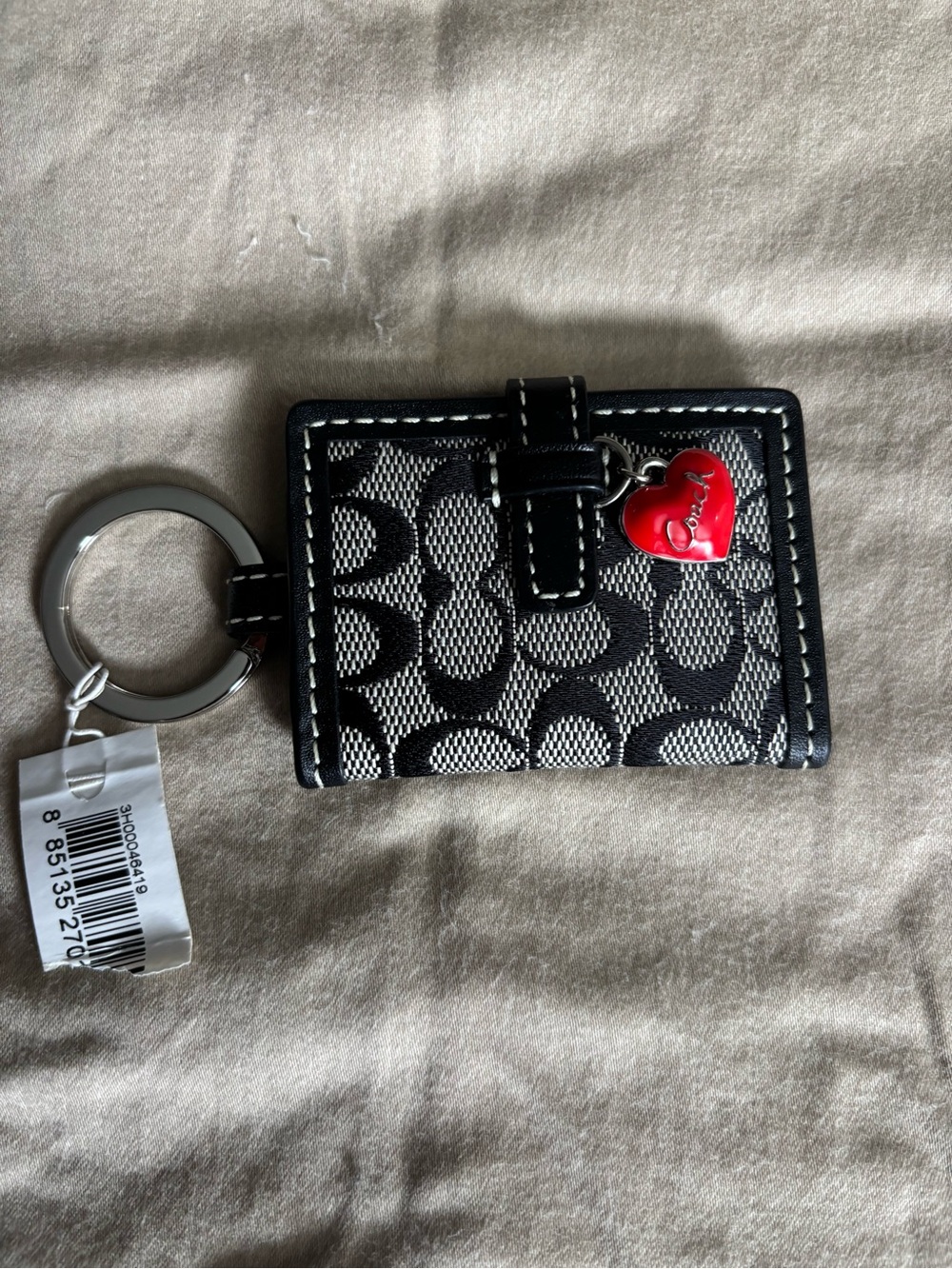 Coach Black Signature Canvas Key & Photo Holder with Red Heart Charm